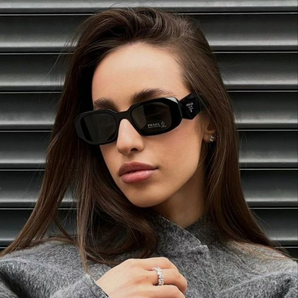 Prada PR17WS 1AB07Z Sunglasses Shiny Black Mirror Rectangle Unisex - Picture 9 of 10